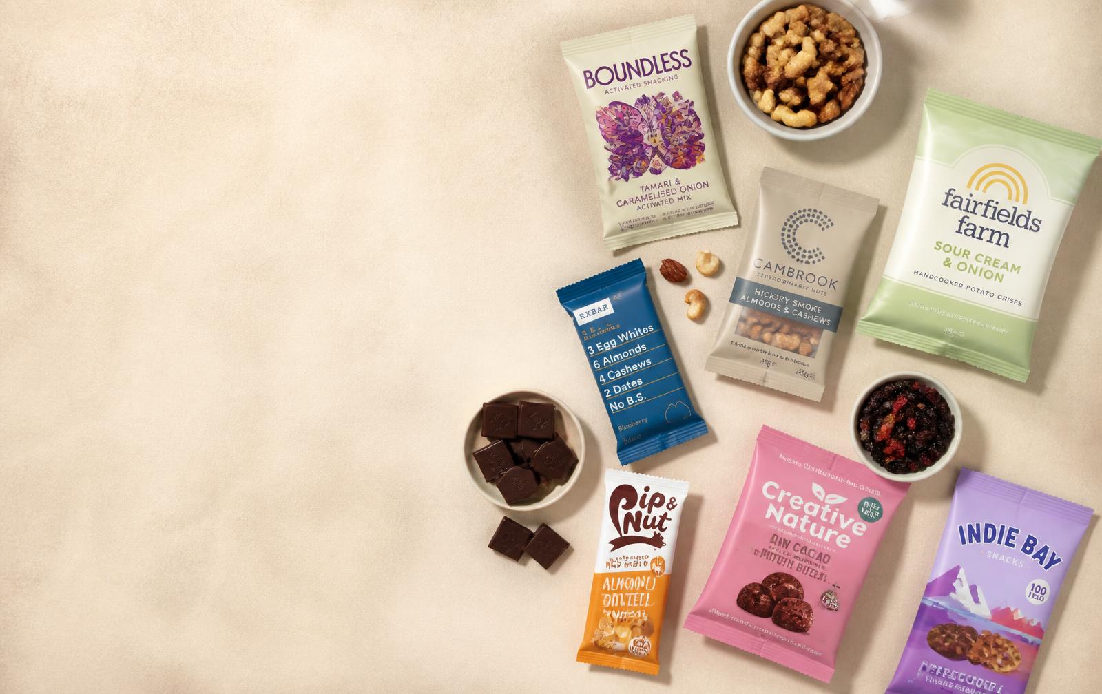 Assortment of office snacks laid out on a cream surface